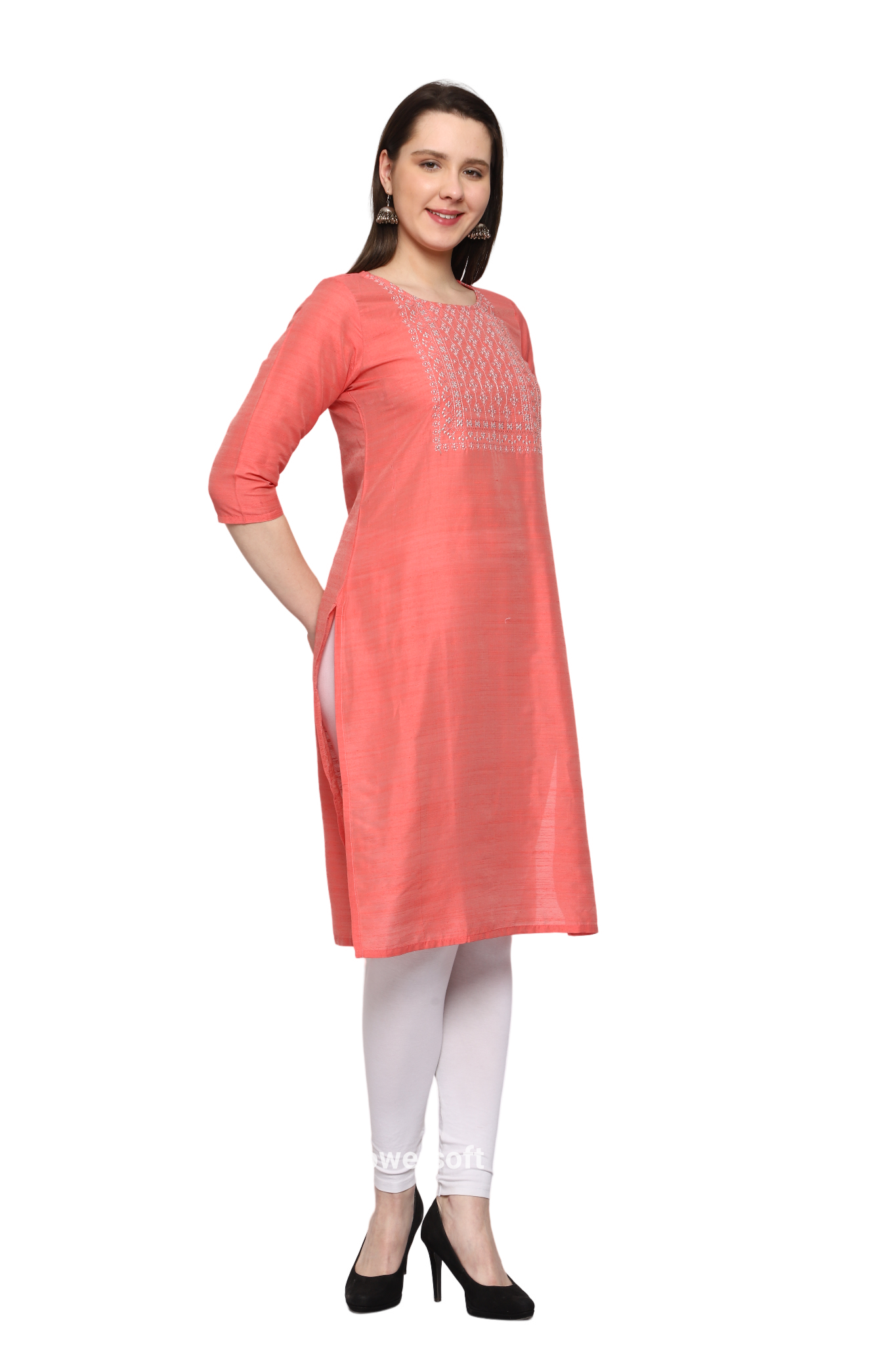 Women's Embroidery Slub Silk Kurti - Peach