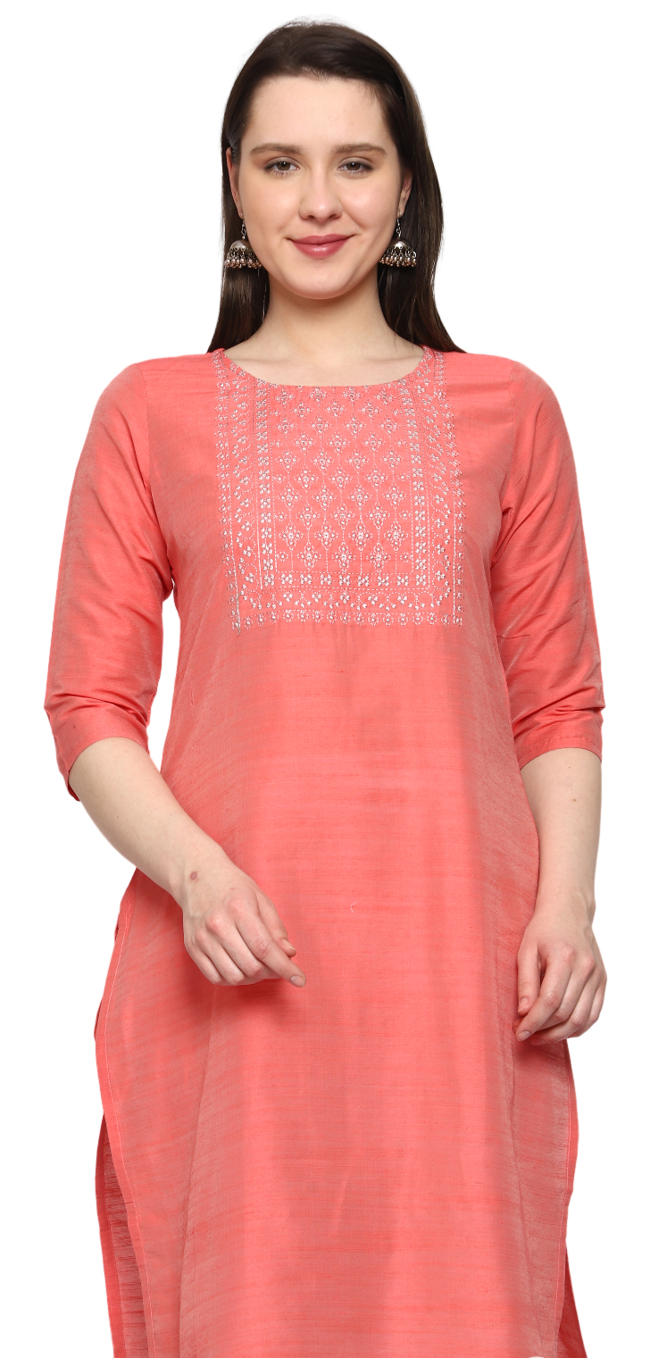 Women's Embroidery Slub Silk Kurti - Peach