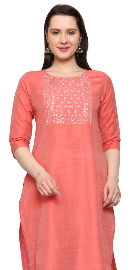 Women's Embroidery Slub Silk Kurti - Peach